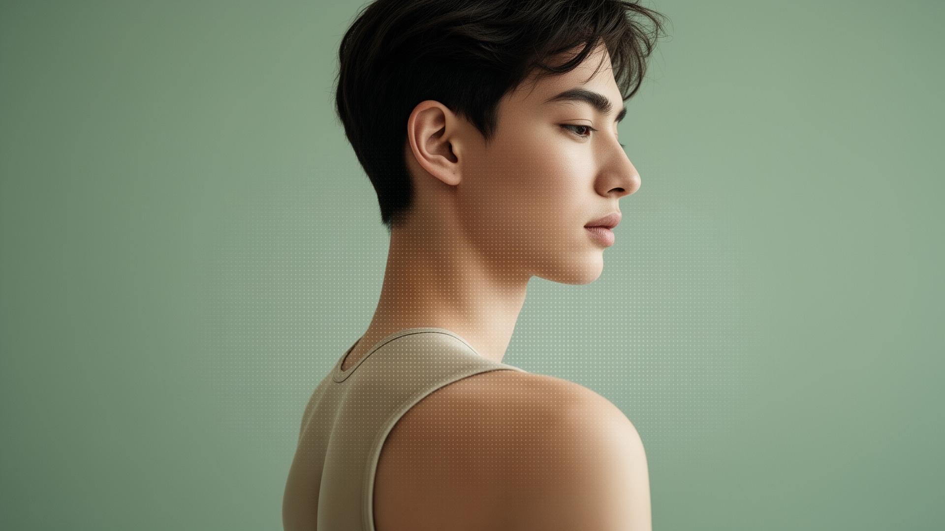 A young person in profile against a sage background